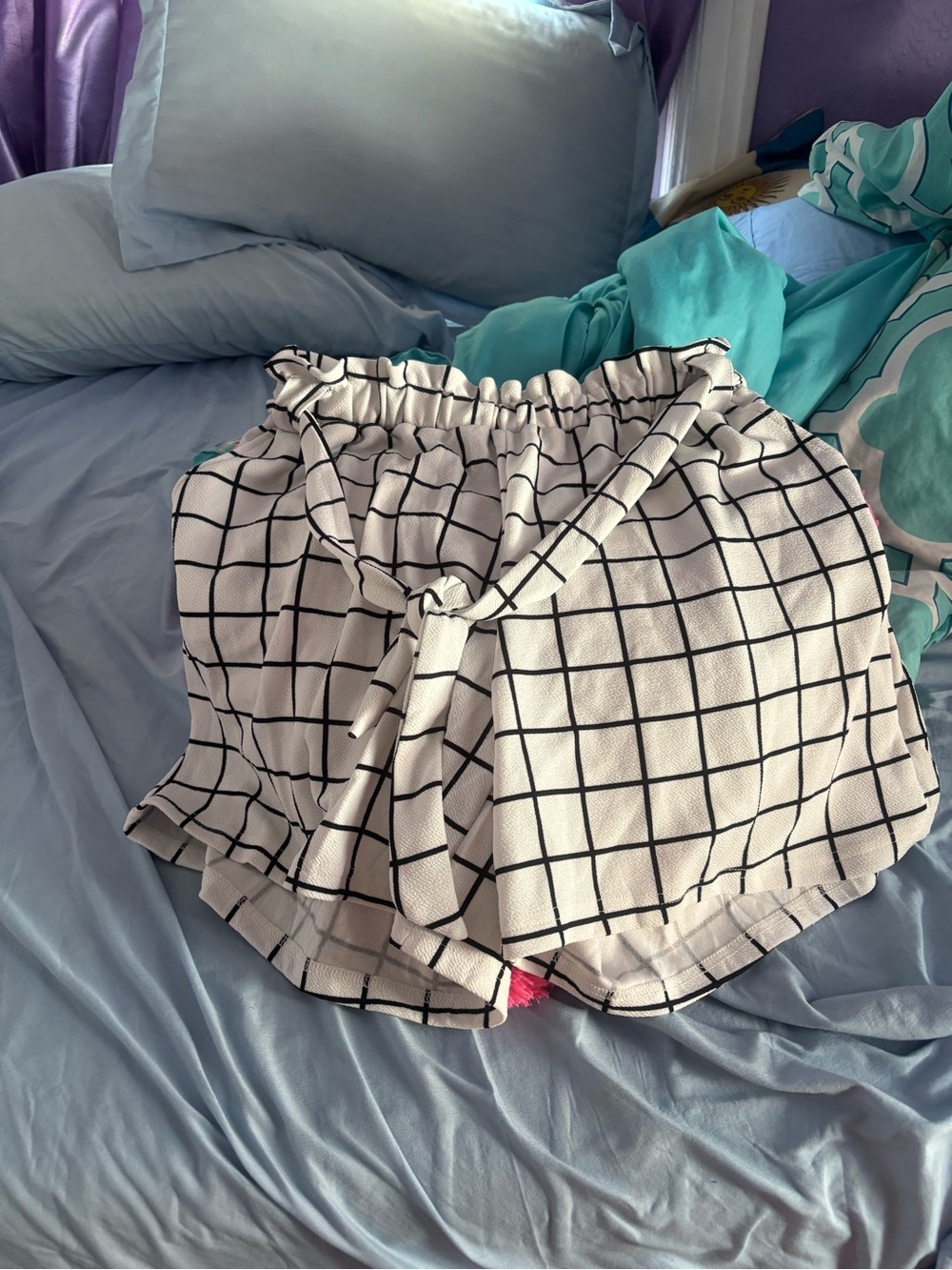 High-Waist White Grid Tie-Waist Shorts